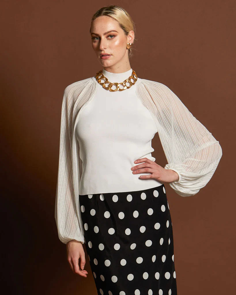 FATE+BECKER SNOWFLAKE SHEER SLEEVE KNIT TOP WHITE