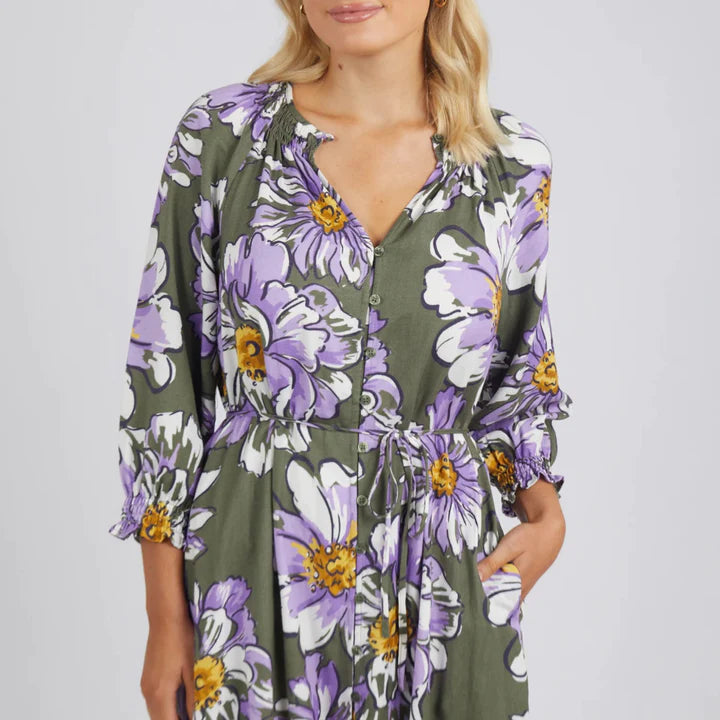ELM ANTHEIA FLORAL GATHERED DRESS CLOVER
