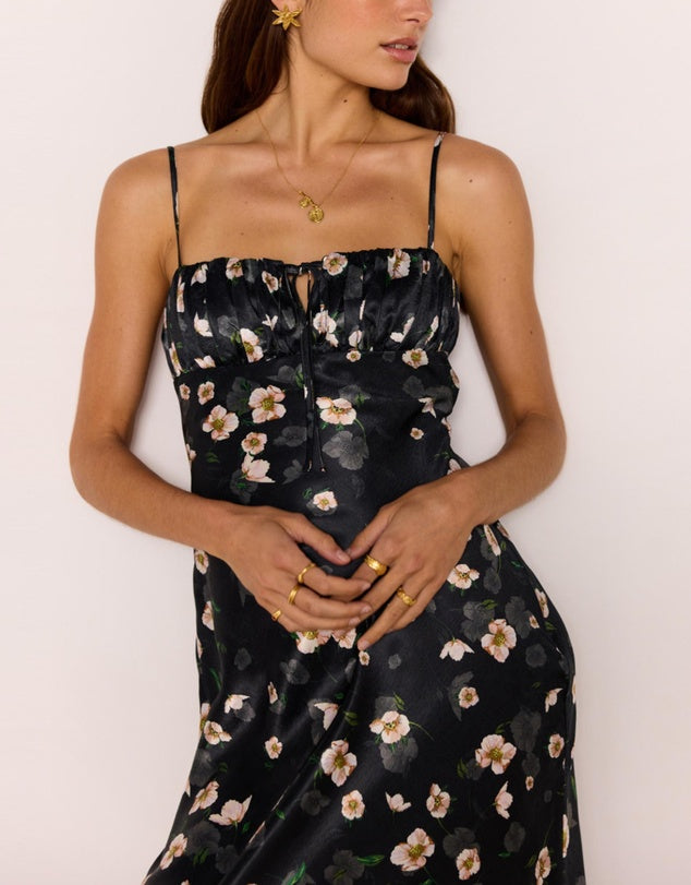 MINK PINK ELINOR BIAS MIDI DRESS FLORAL/BLACK