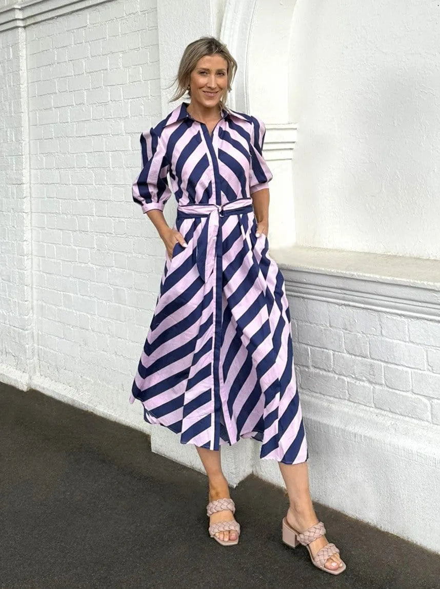 pink and navy striped dress I'm a Big Fan of Navy Stripe & Off the Shoulder Sheath Dress