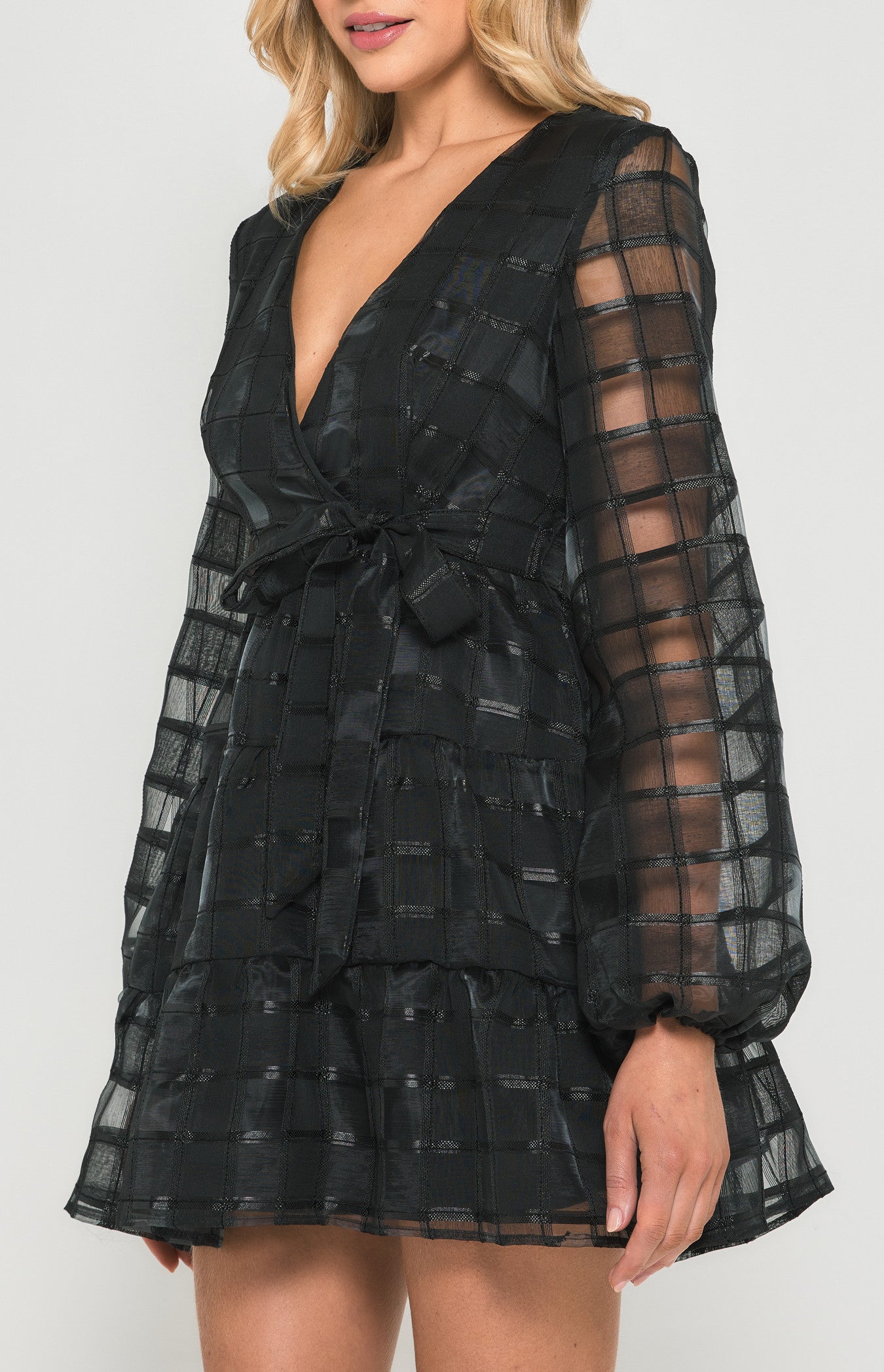 STYLE STATE CHECKERED ORGANZA TIERED HEM MINI DRESS BLACK