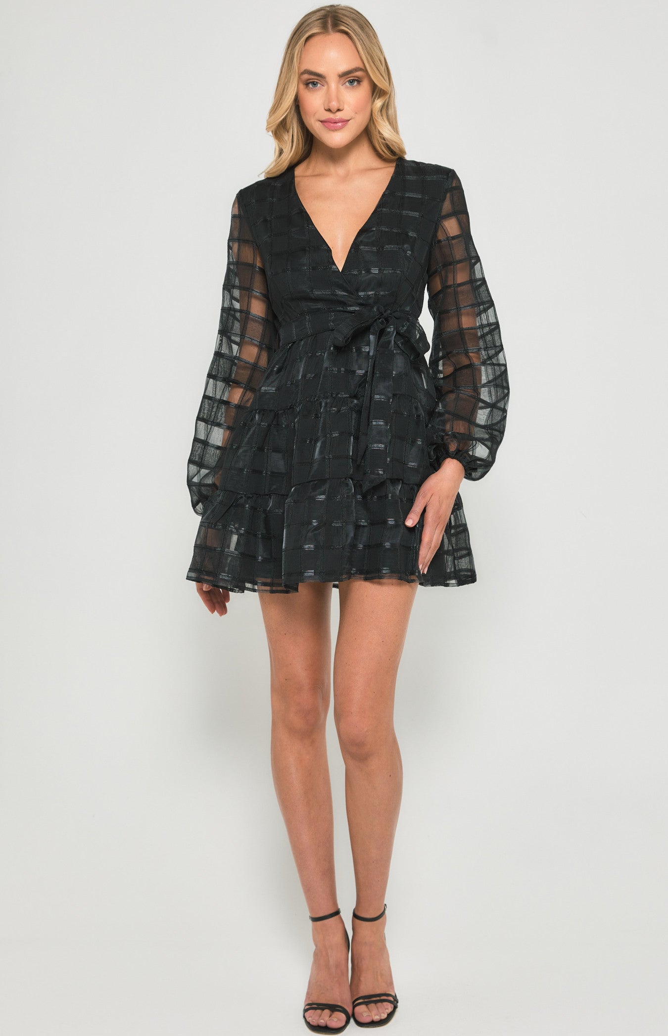 STYLE STATE CHECKERED ORGANZA TIERED HEM MINI DRESS BLACK