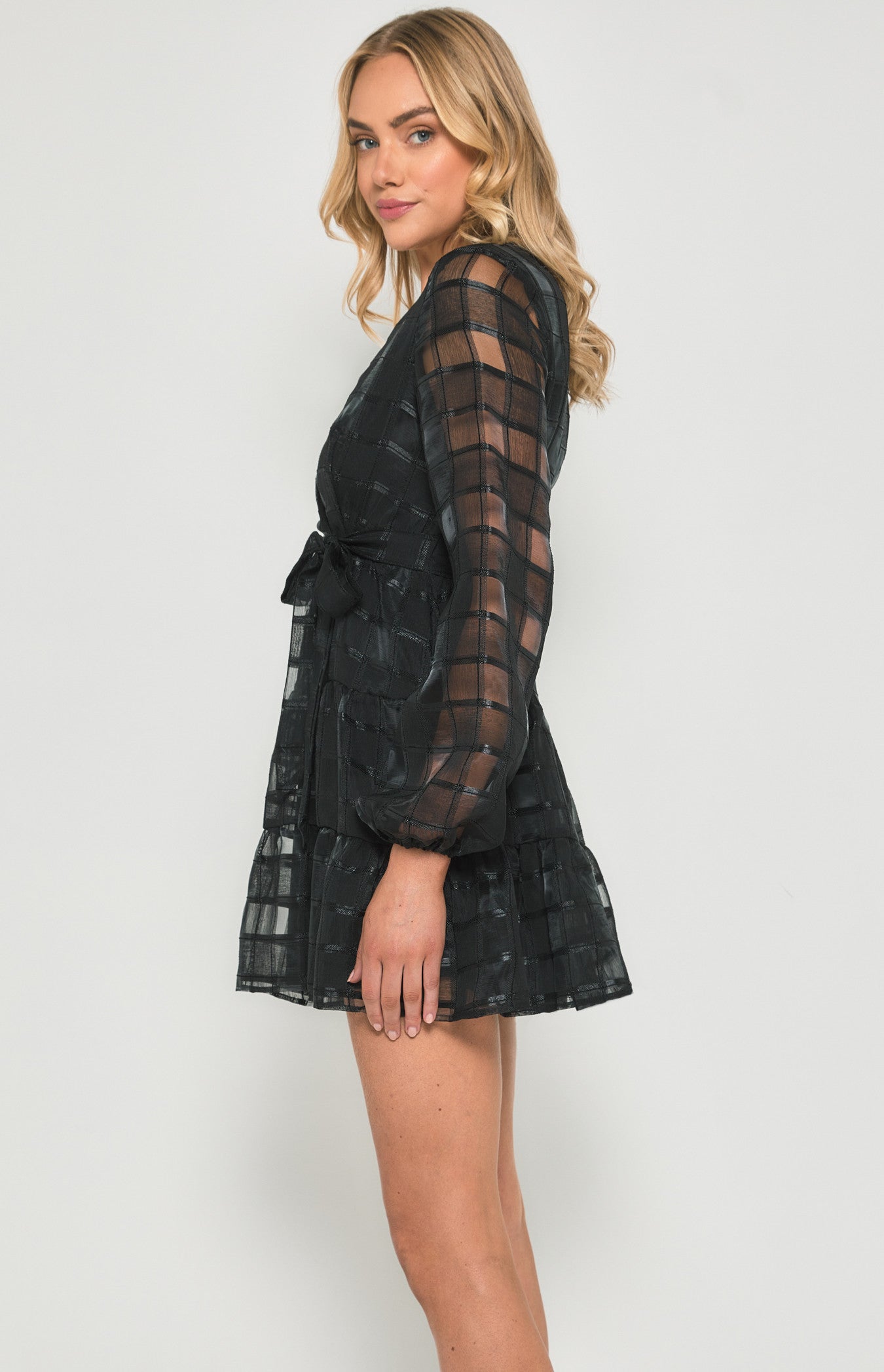 STYLE STATE CHECKERED ORGANZA TIERED HEM MINI DRESS BLACK