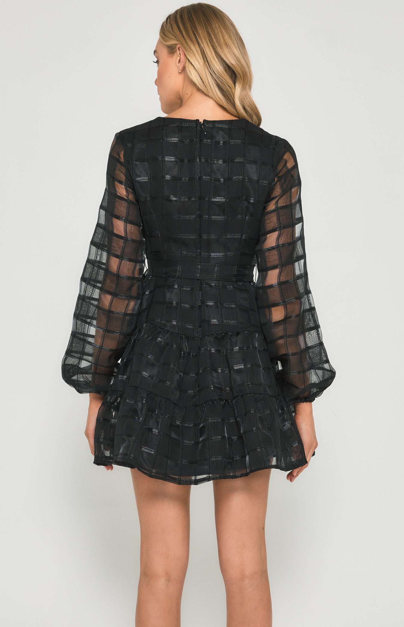 STYLE STATE CHECKERED ORGANZA TIERED HEM MINI DRESS BLACK