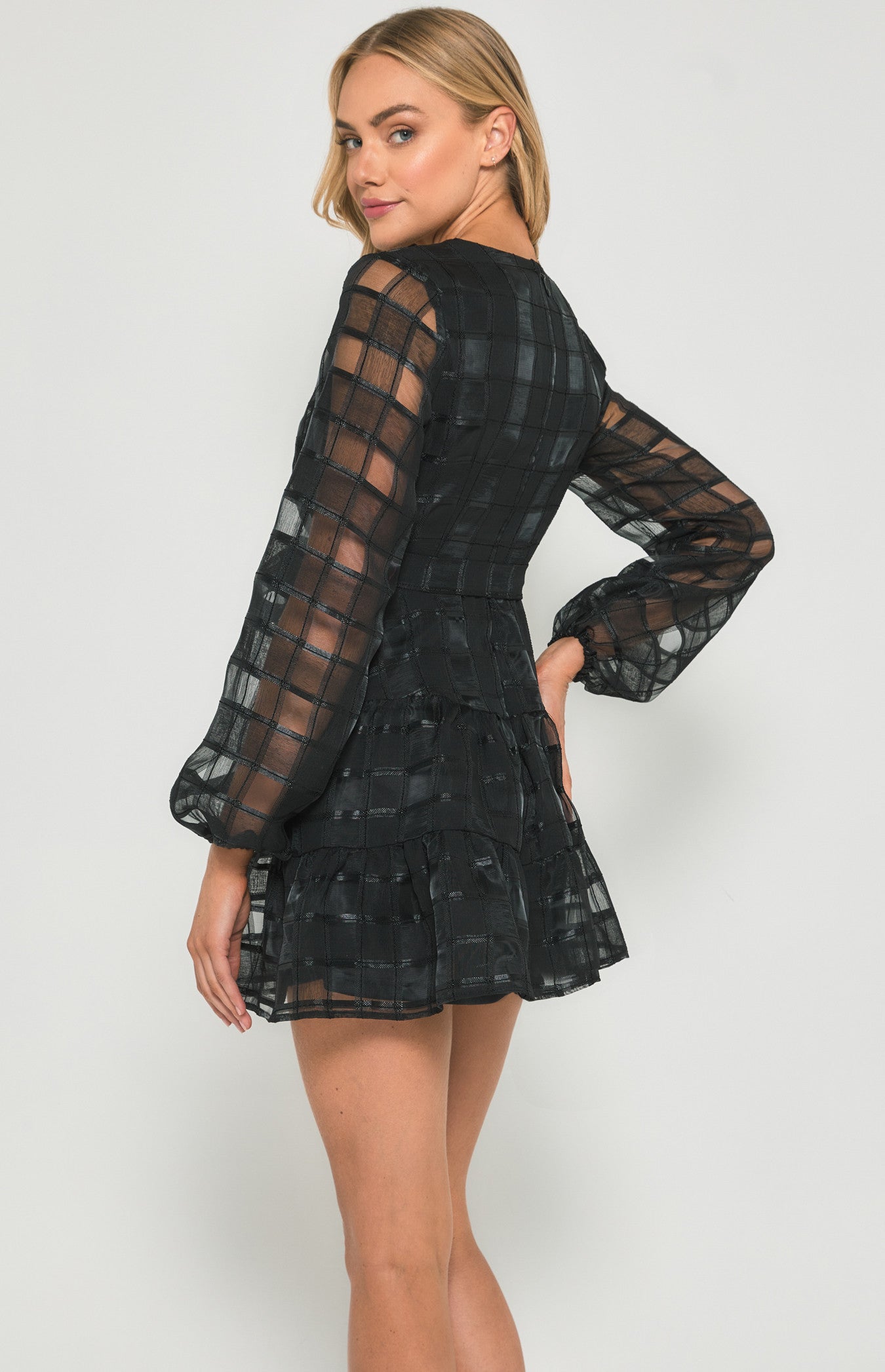 STYLE STATE CHECKERED ORGANZA TIERED HEM MINI DRESS BLACK