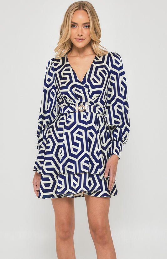 STYLE STATE GEOMETRIC PRINT DRESS WITH METAL BUCKLE DETAIL BLUE