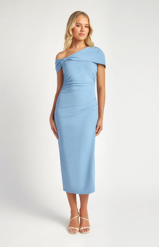 STYLE STATE ASYMMETRIC BOW NECKLINE DETAIL MIDI DRESS