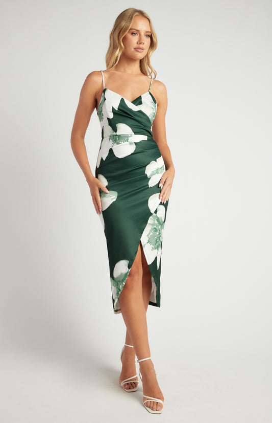 STYLE STATE LARGE SCALE FLORAL PLEATED SIDE DETAIL MIDI DRESS EMERALD