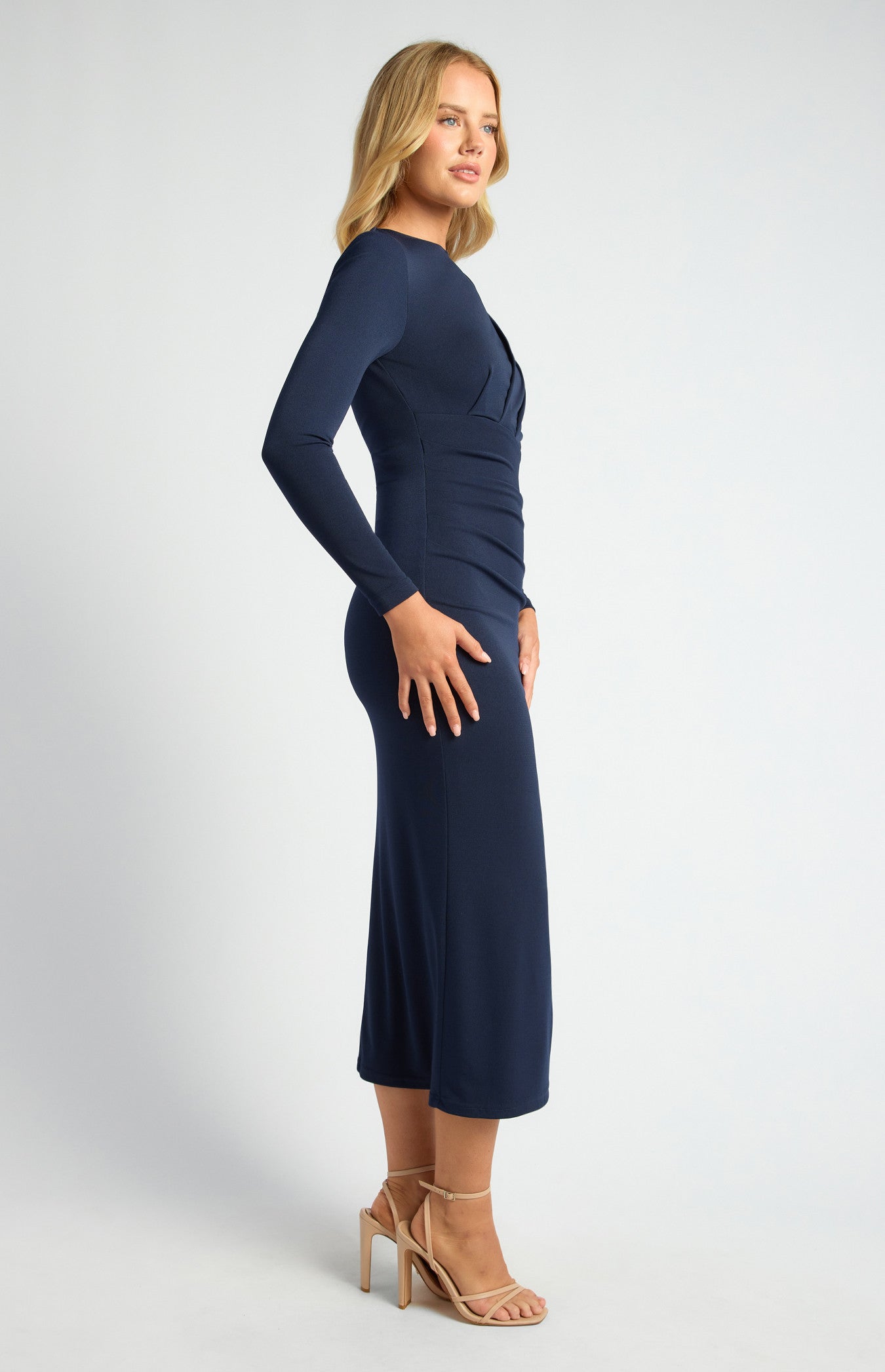 STYLE STATE PLEATED DETAIL STRETCH JERSEY MIDI DRESS NAVY