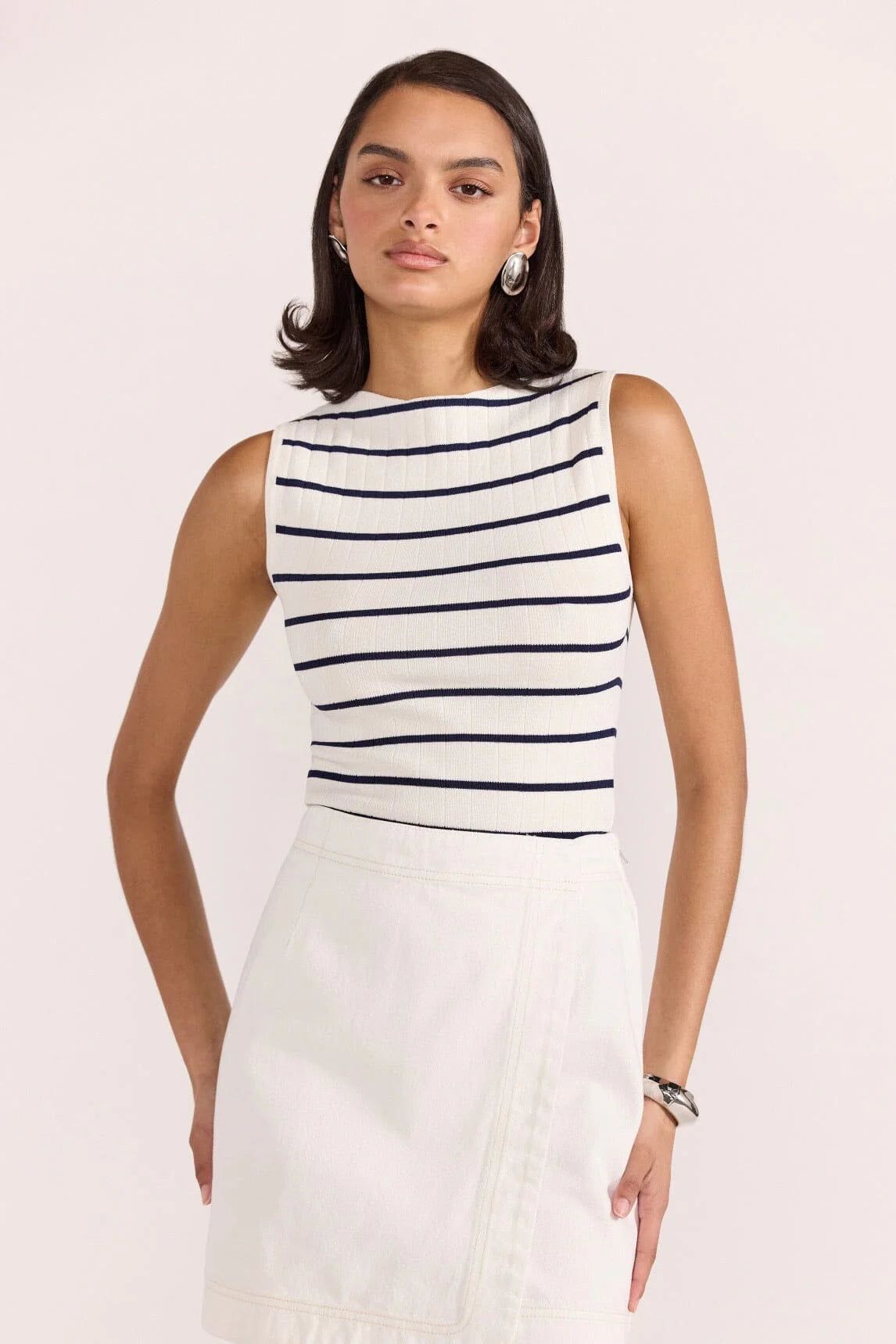 STAPLE THE LABEL UMA STRIPE KNIT TANK WHITE/NAVY STRIPE