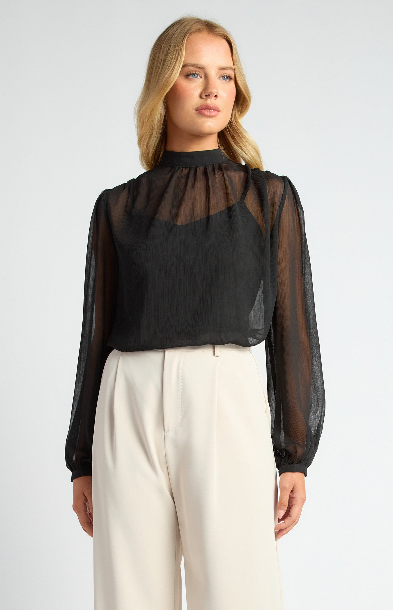 STYLE STATE HIGH NECK CHIFFON TOP WITH SEPERATE CAMI BLACK