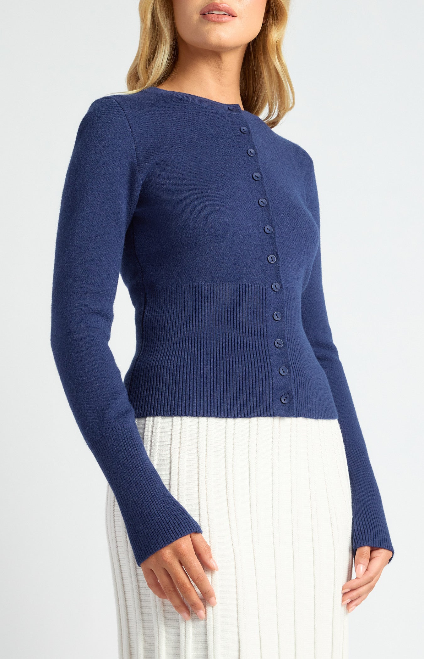 STYLE STATE CINCH WAIST RIBBED DETAIL BUTTON UP CARDIGAN NAVY