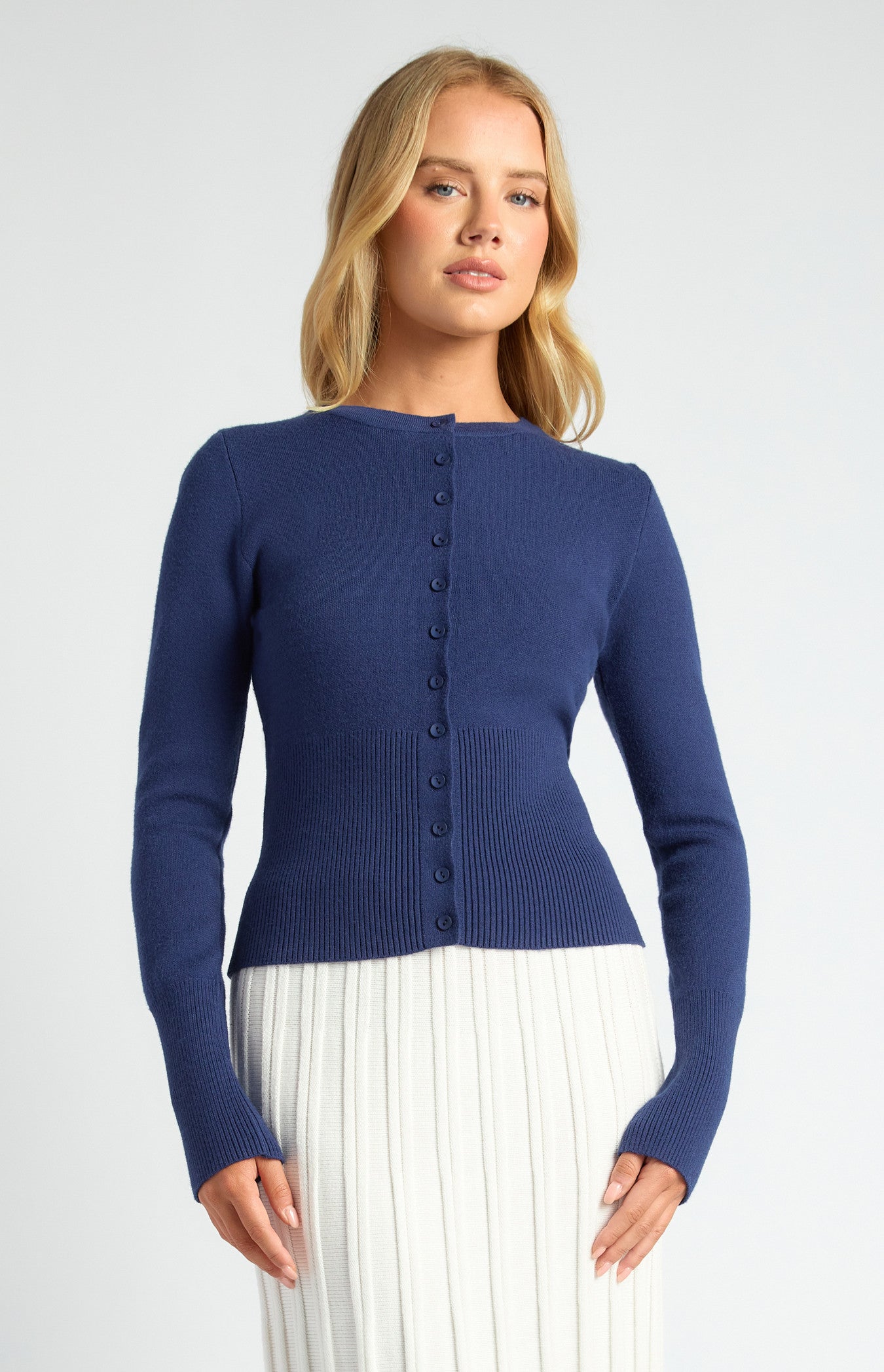 STYLE STATE CINCH WAIST RIBBED DETAIL BUTTON UP CARDIGAN NAVY