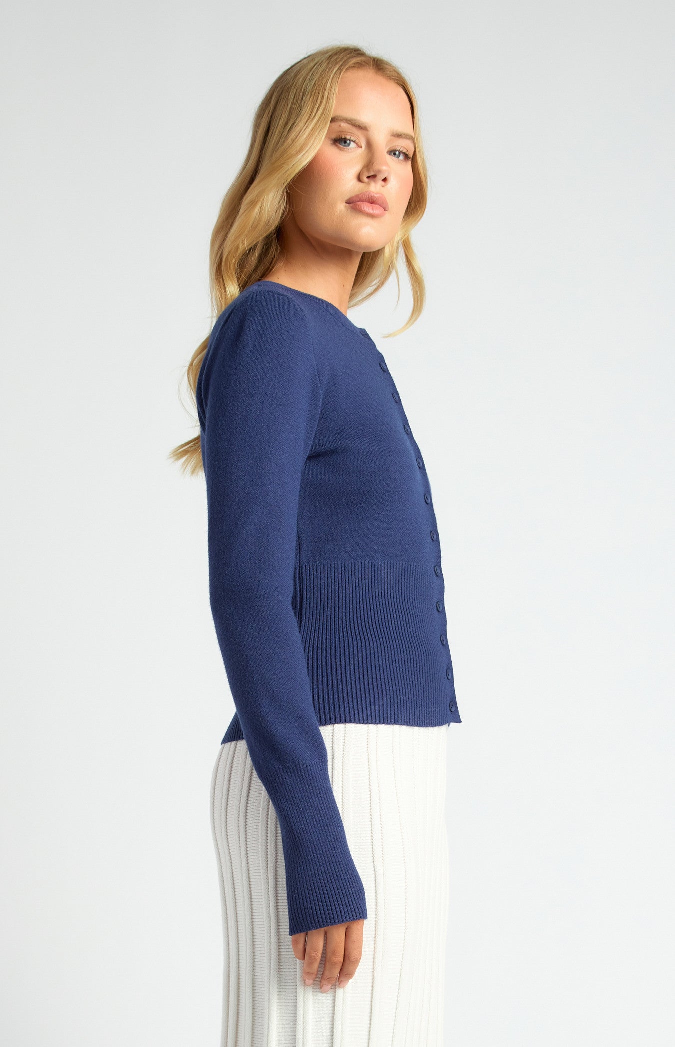 STYLE STATE CINCH WAIST RIBBED DETAIL BUTTON UP CARDIGAN NAVY
