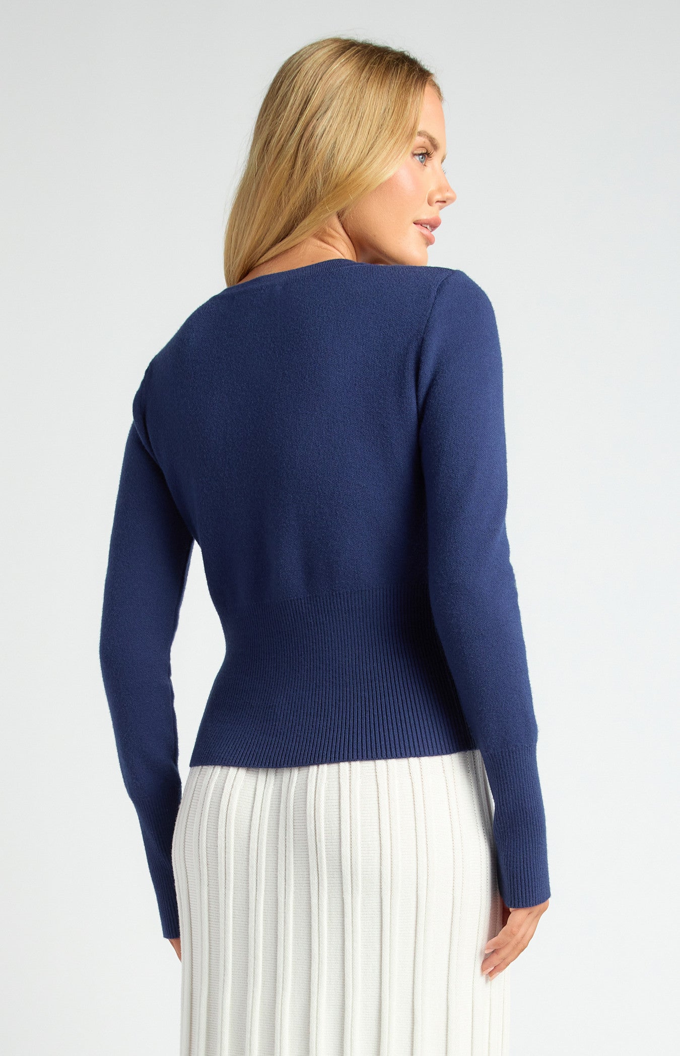 STYLE STATE CINCH WAIST RIBBED DETAIL BUTTON UP CARDIGAN NAVY