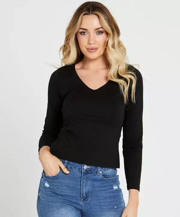 SASS SERENA VEE LONG SLEEVE TOP BLACK