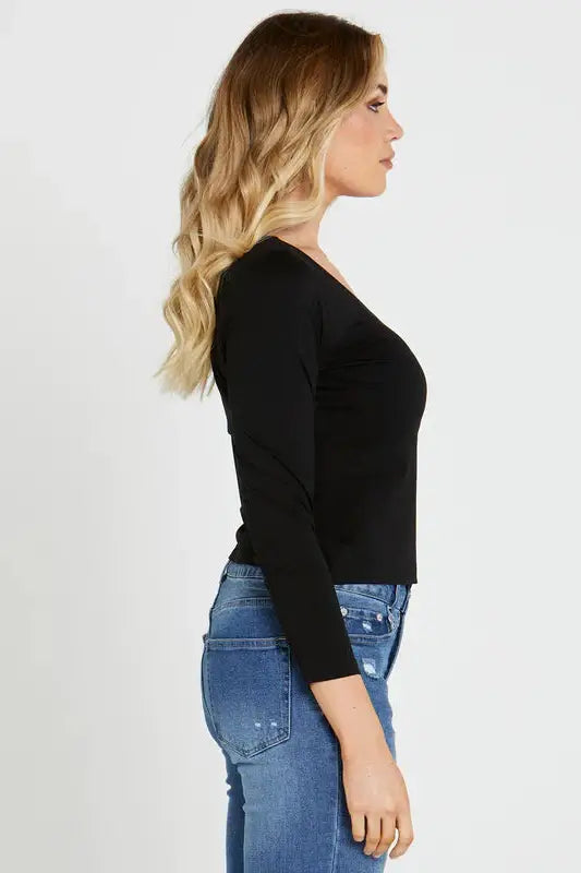 SASS SERENA VEE LONG SLEEVE TOP BLACK