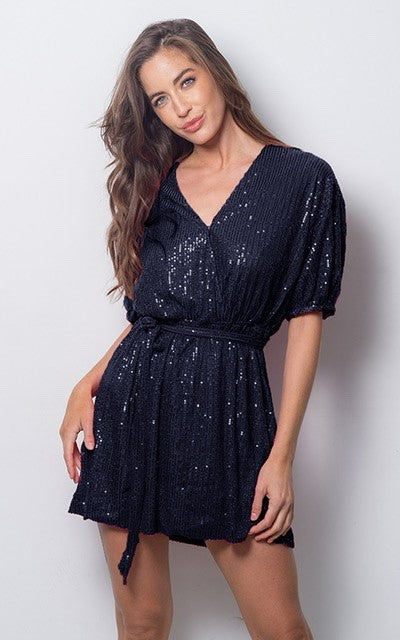 YH & CO SEQUIN TIE TUNIC DRESS NAVY
