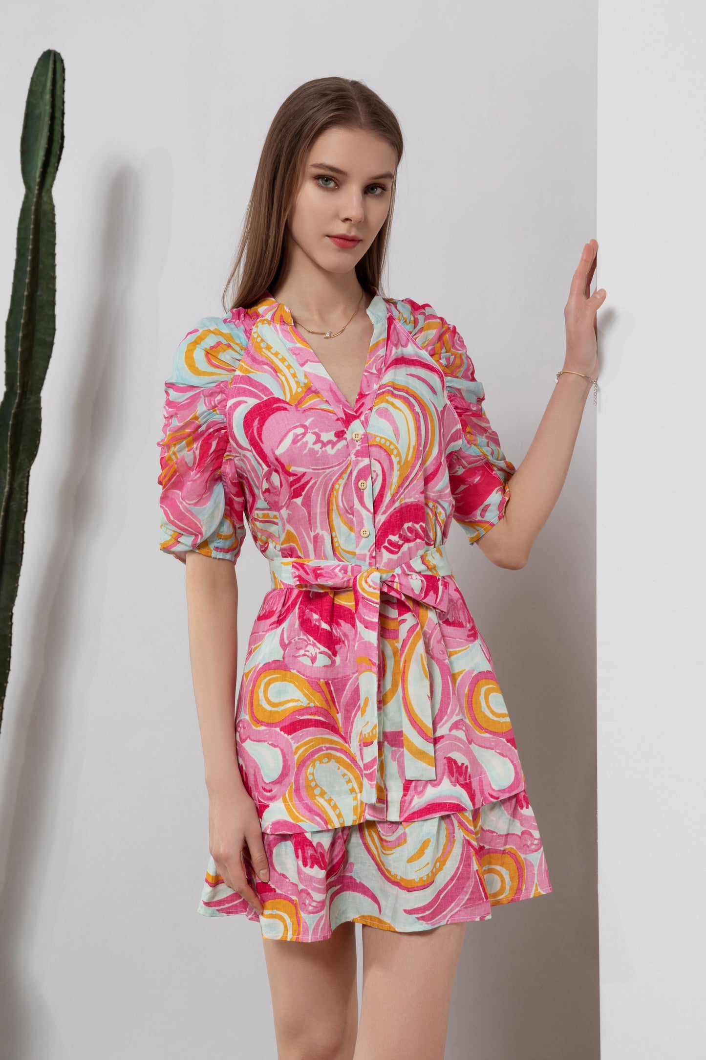 GDS ASTERIA OLIVIANE PRINTED LINEN SHORT DRESS PINK