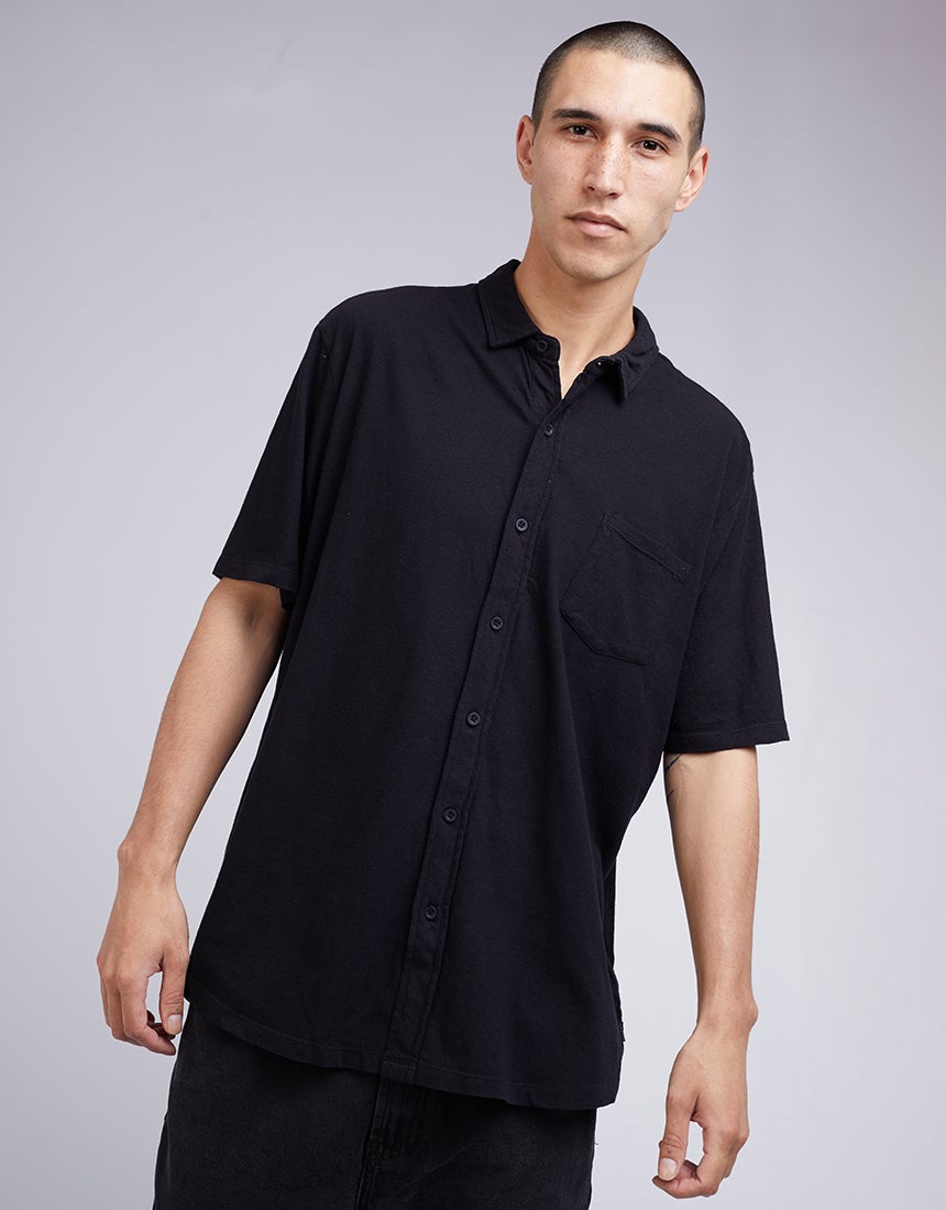 SILENT THEORY LINEN BLEND JERSEY SS SHIRT BLACK