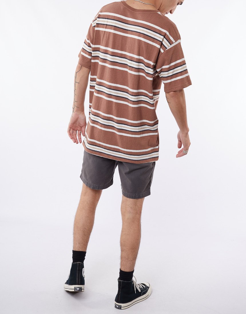 SILENT THEORY STANDARD LINEN BLEND STRIPE SS SHIRT BROWN