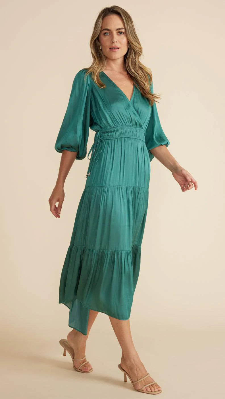 MINK PINK ANYA WRAP FRONT MIDI DRESS BRIGHT EMERALD
