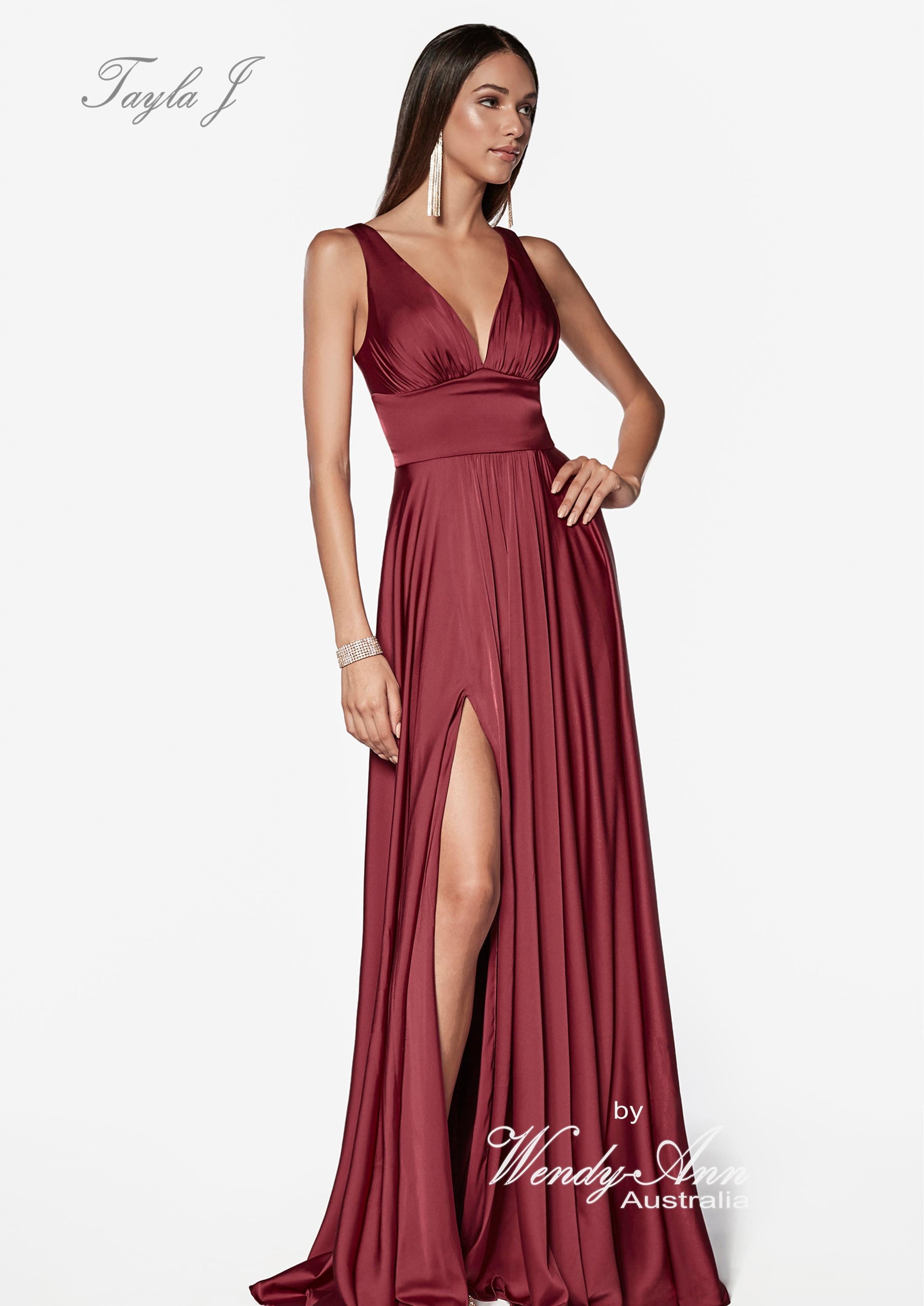 WENDY-ANN T9647 V NECK ALINE SATIN DRESS BURGUNDY 8