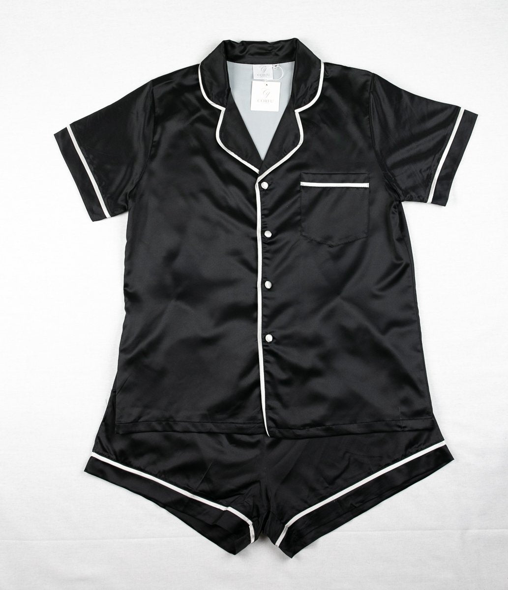 CORFU SOFT STRETCH LUXE SATIN PJS SHORT BLACK/WHITE