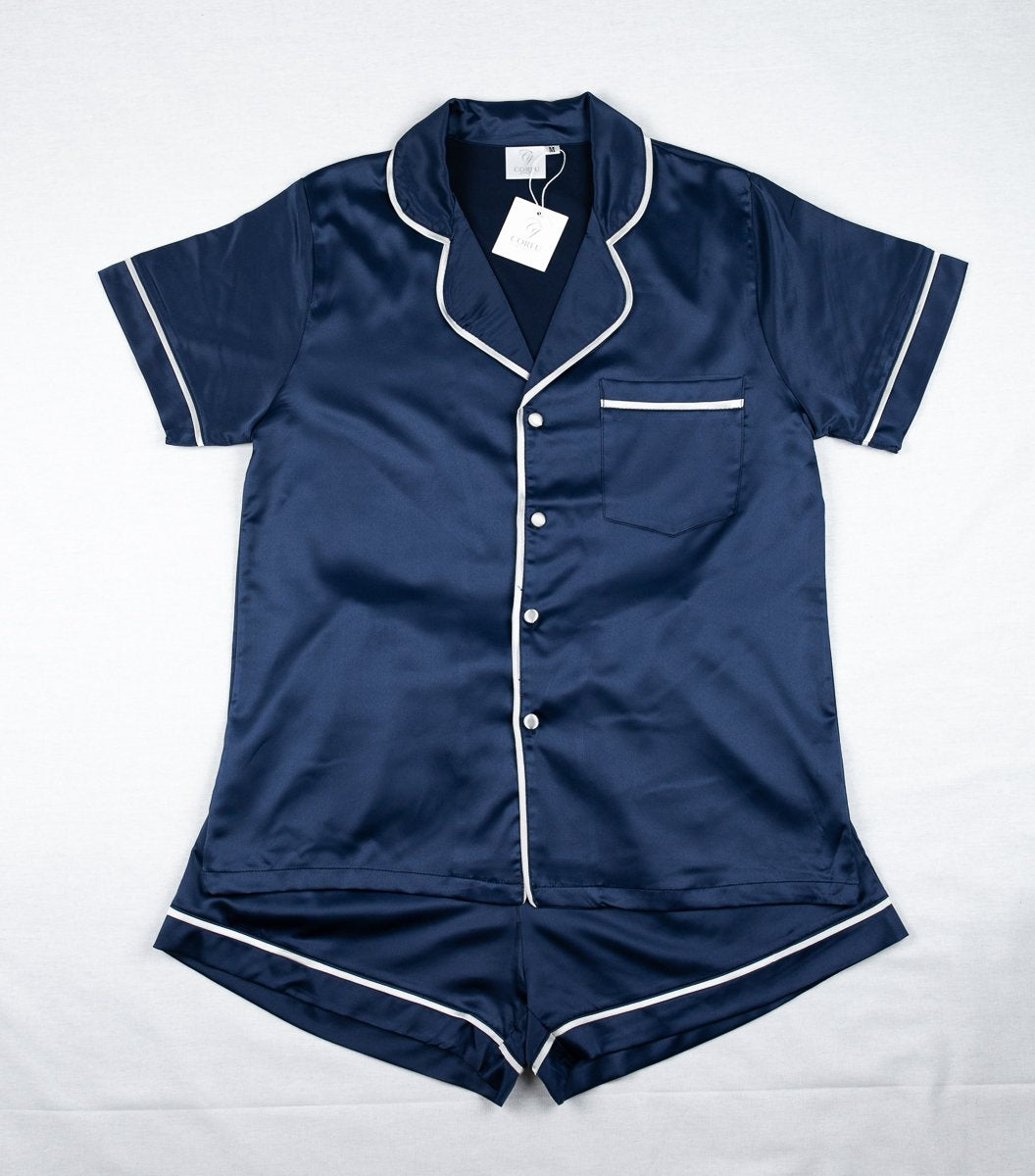 CORFU SOFT STRETCH LUXE SATIN PJS SHORT NAVY/WHITE