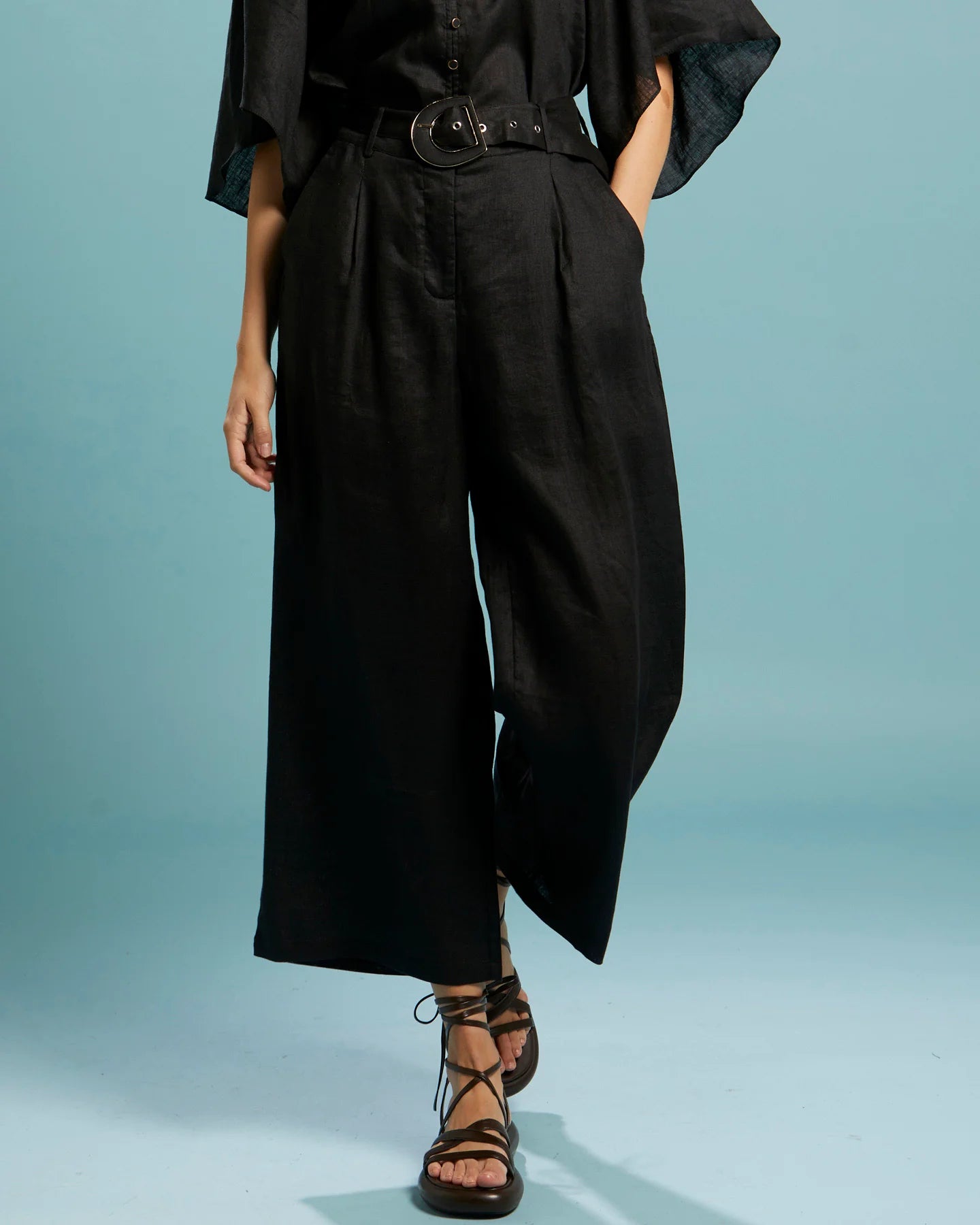 FATE+BECKER EXHALE BELTED WIDE LEG PANT BLACK