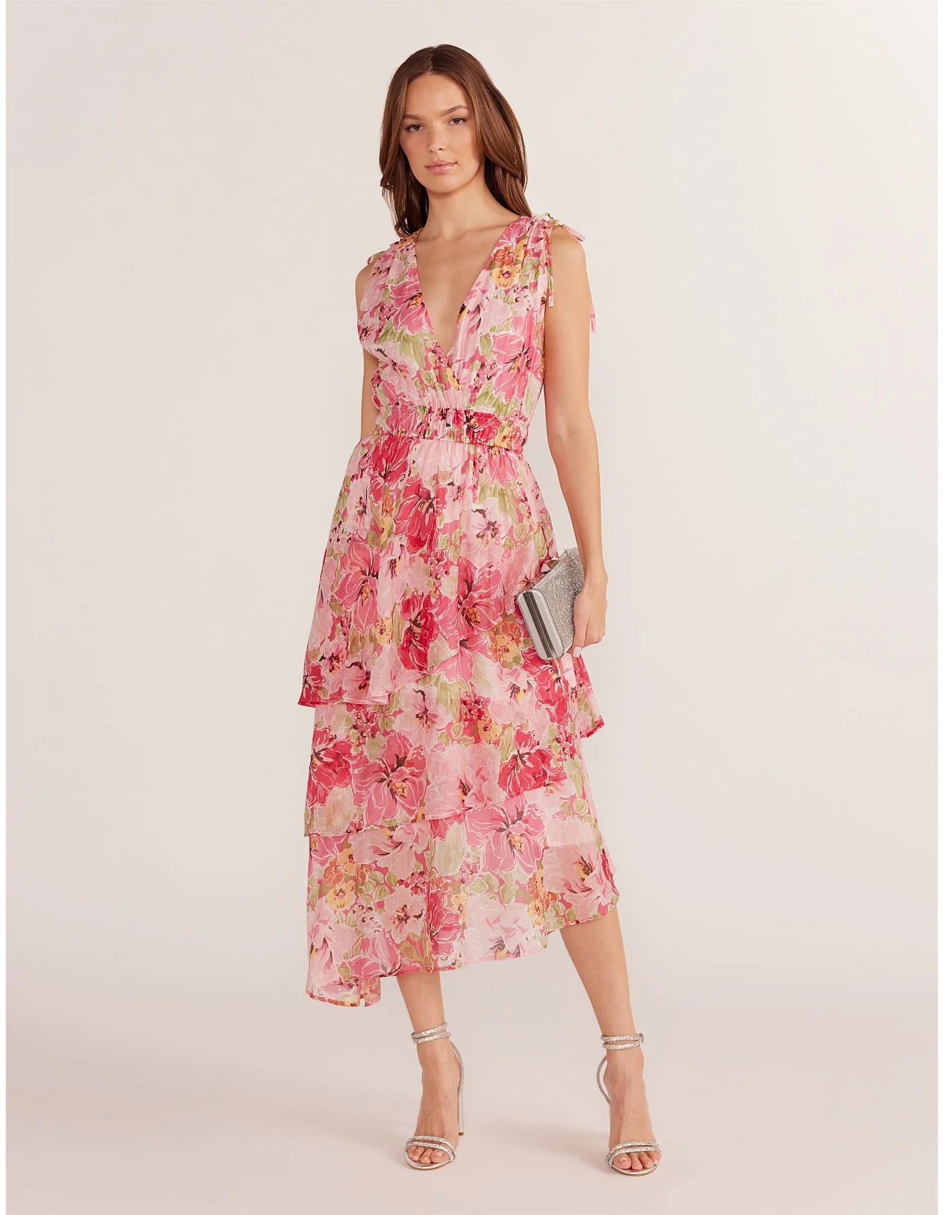 MINK PINK SIMONE TIERED MIDI DRESS PINK FLORAL