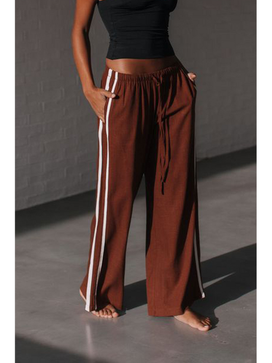 Grace & Co Berlin Side Strip Linen Pant Chocolate