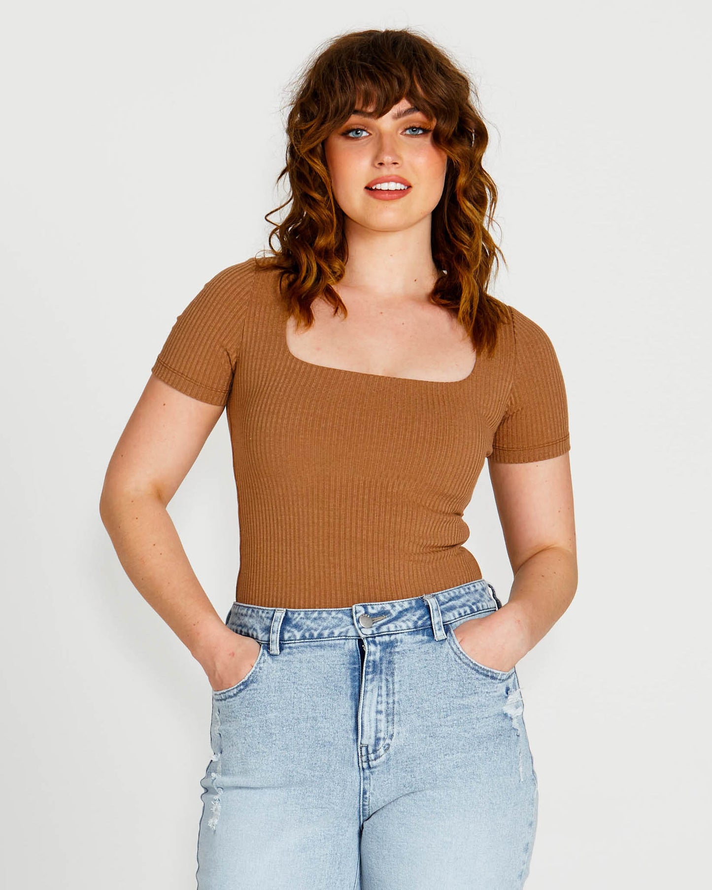 SASS AUBREY SQUARE NECK TOP BROWN