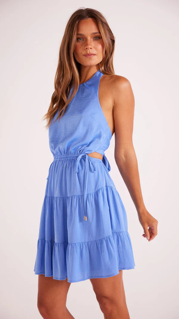 MINKPINK SOLANA TIE BACK SATIN MINI DRESS CORNFLOWER