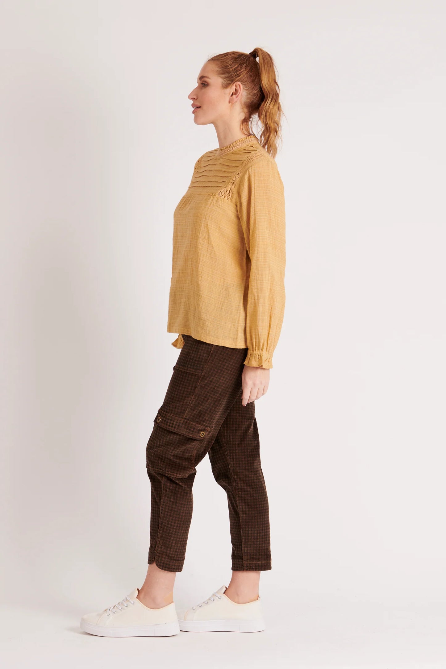 A LITTLE BIRDIE TOLD ME LONG SLEEVE YOKE DETAIL BLOUSE SAND