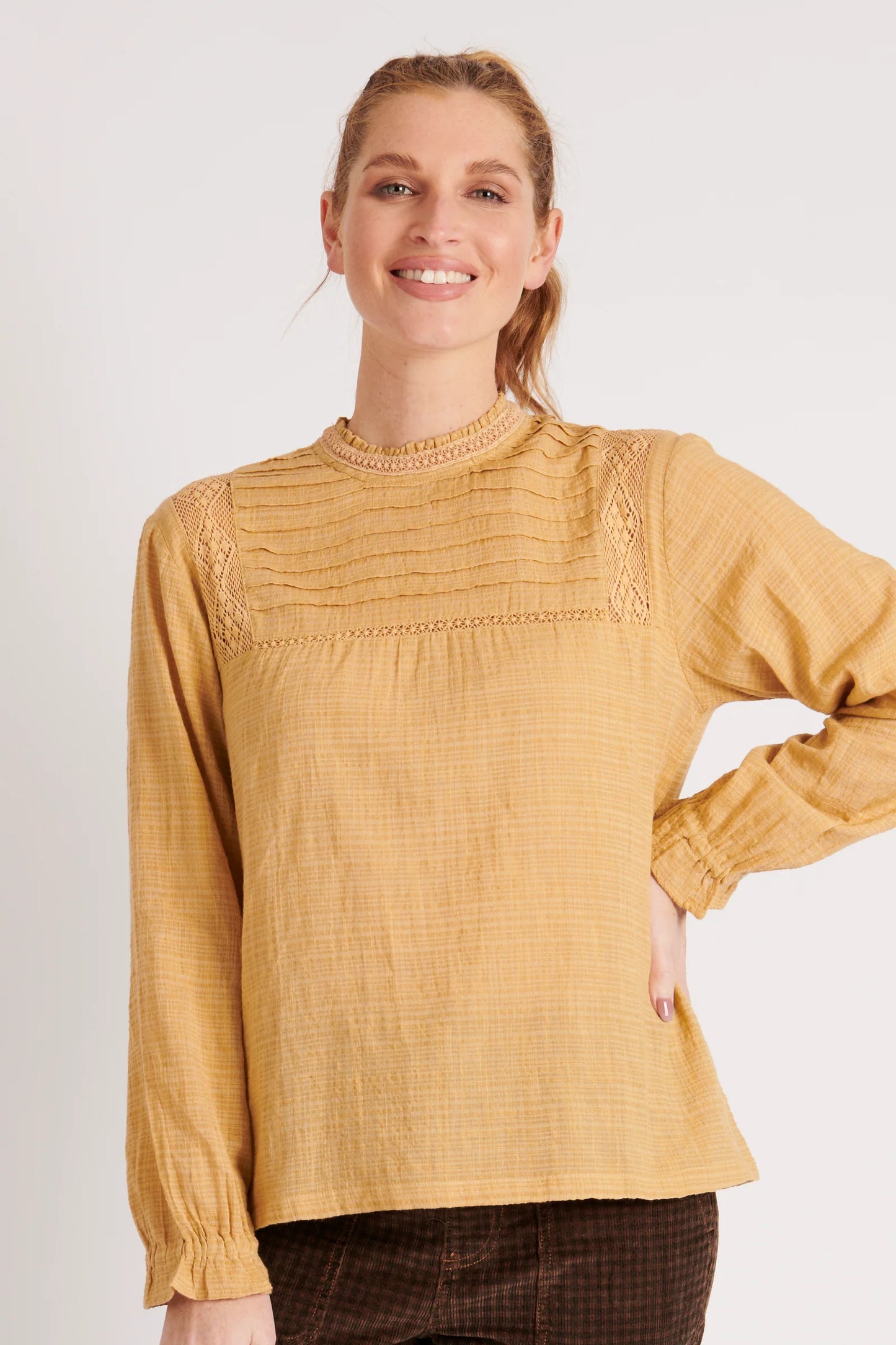 A LITTLE BIRDIE TOLD ME LONG SLEEVE YOKE DETAIL BLOUSE SAND