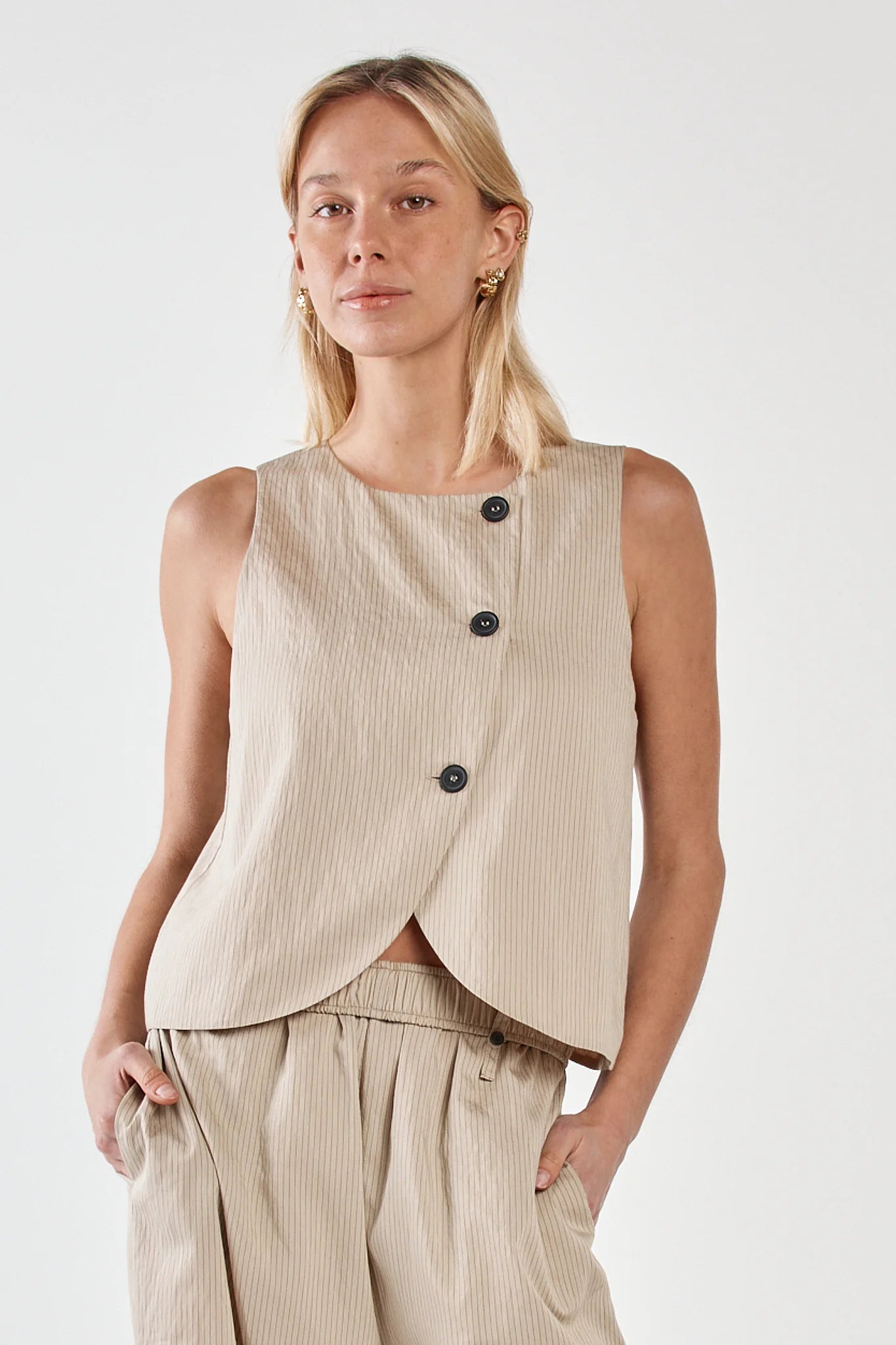 Sass Renee Button Wrap Vest | Beige Black Stripe