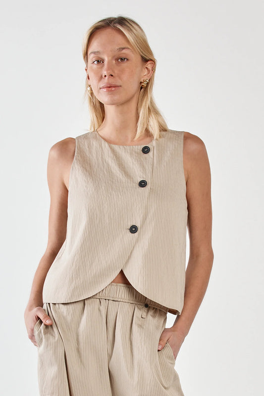 Sass Renee Button Wrap Vest | Beige Black Stripe