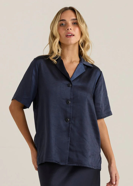 Sass Jasper Satin Shirt | Navy