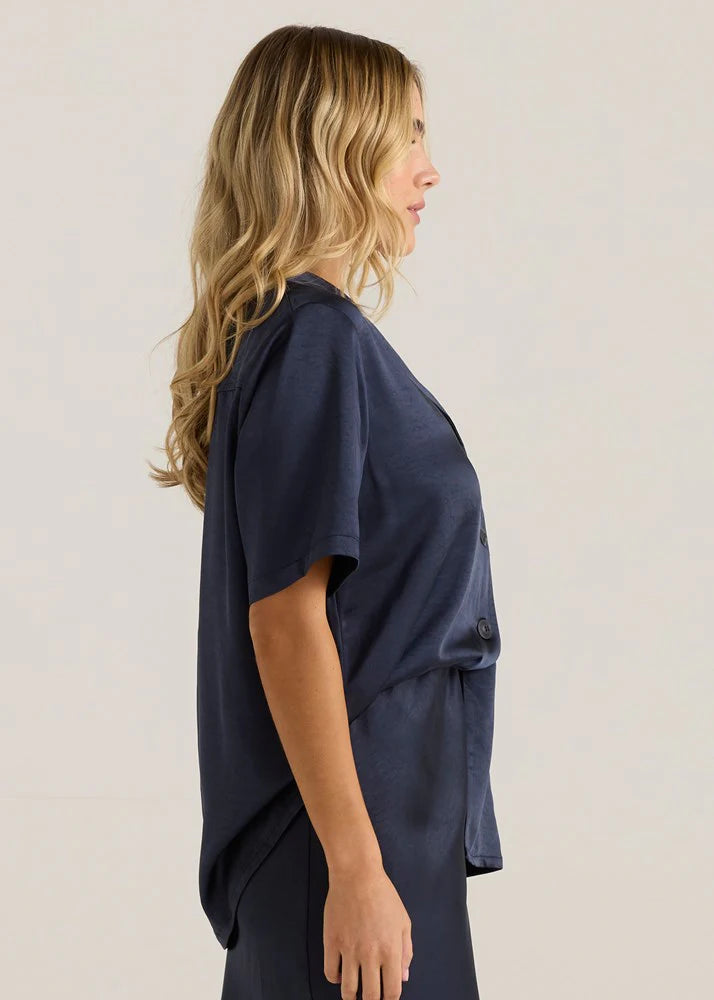 Sass Jasper Satin Shirt | Navy