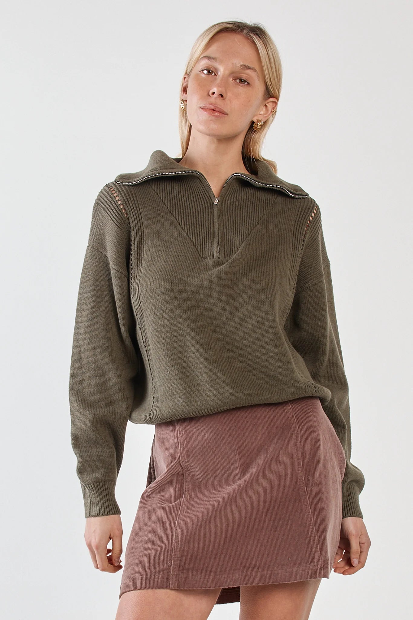 Sass Esti Pointelle Zip Up Knit | Khaki Green