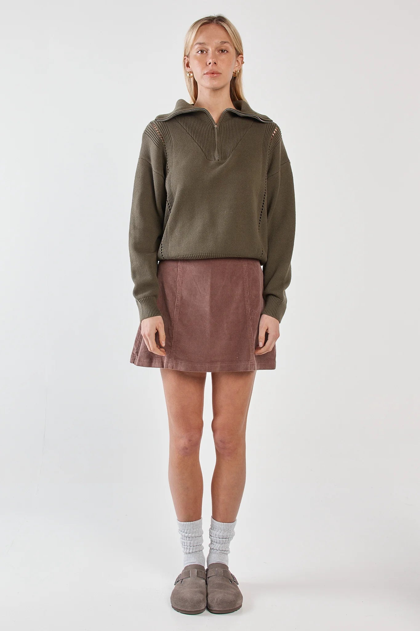 Sass Esti Pointelle Zip Up Knit | Khaki Green