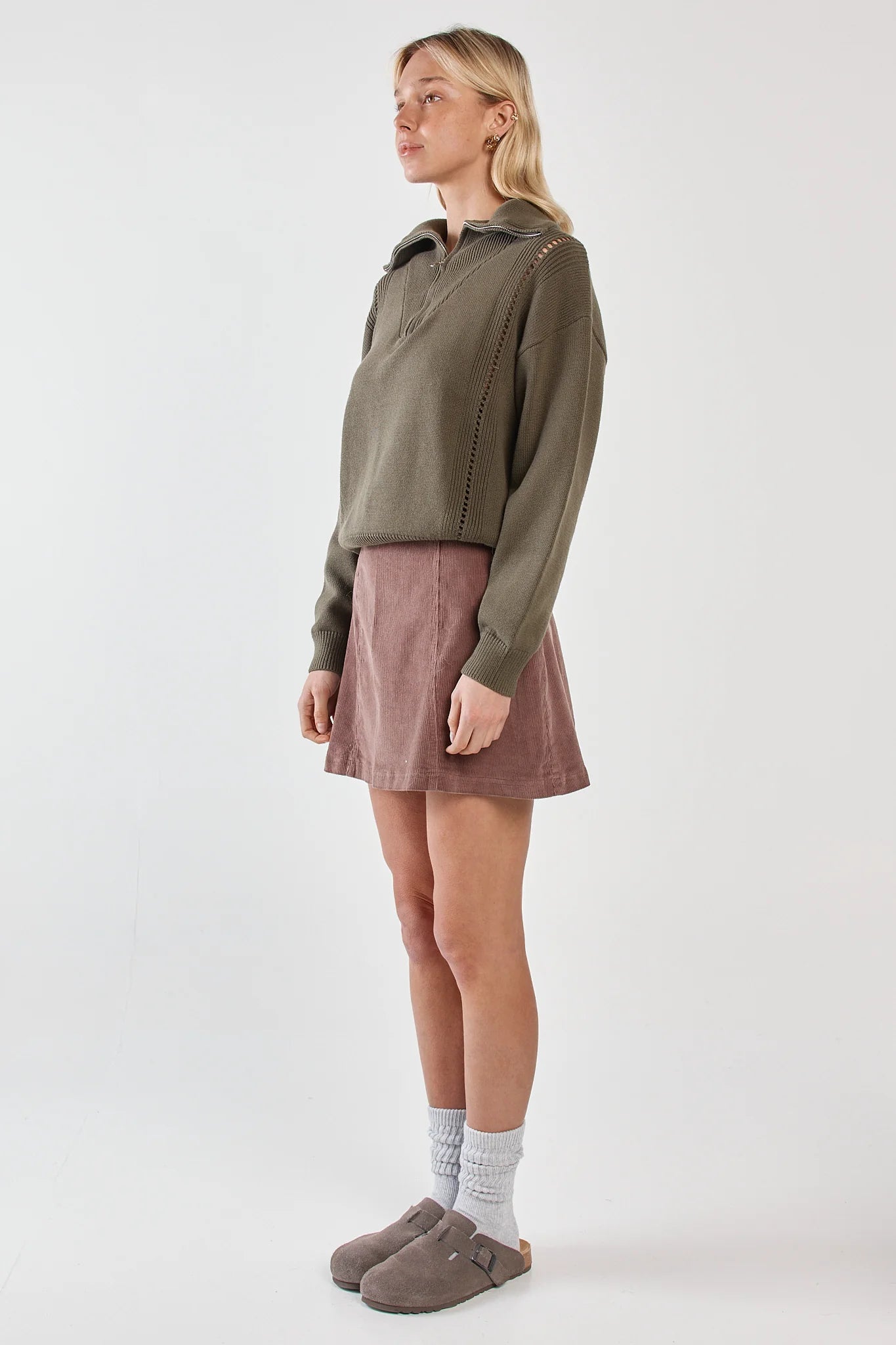 Sass Esti Pointelle Zip Up Knit | Khaki Green
