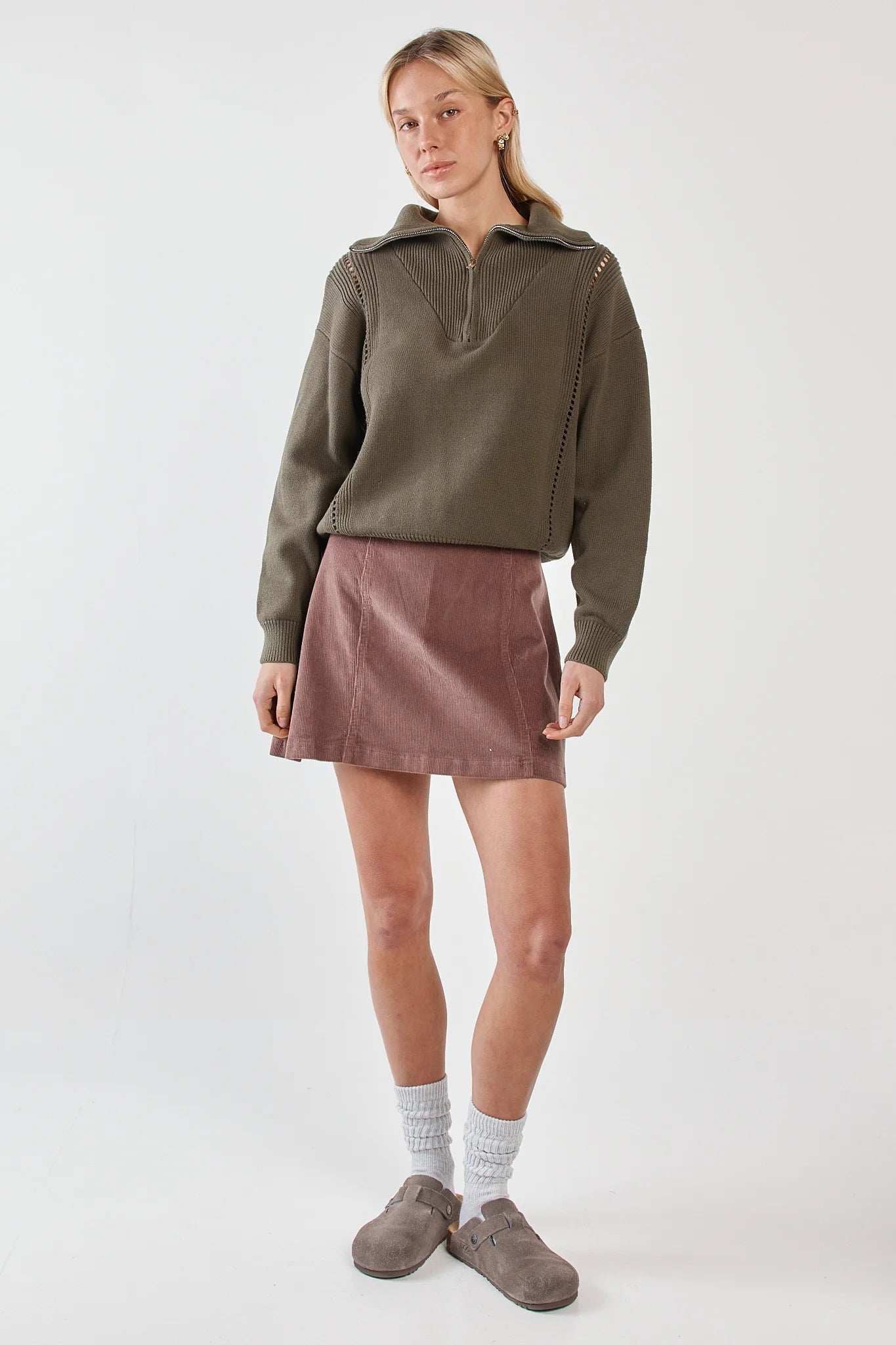 Sass Esti Pointelle Zip Up Knit | Khaki Green
