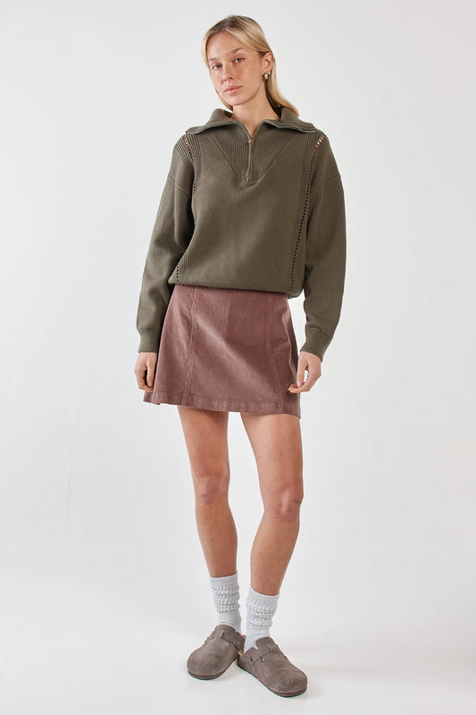 Sass Esti Pointelle Zip Up Knit | Khaki Green