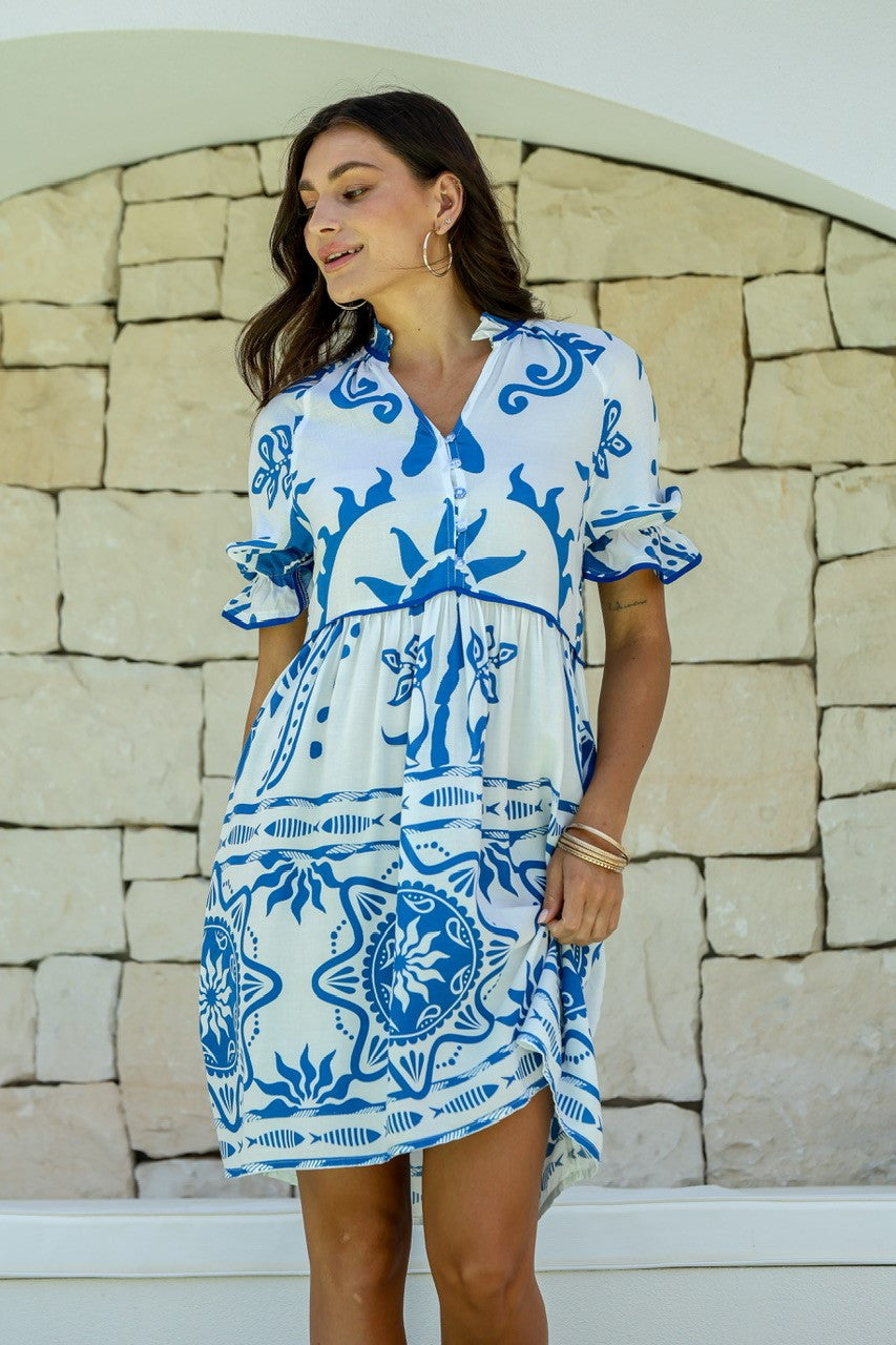 JOOP & GYPSY SANTORINI SOLEIL RUFFLE SLEEVE DRESS BLUE/WHITE