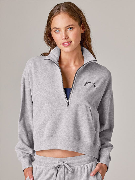 RUNNING BARE HERITAGE FUNNEL NECK 1/2 ZIP CROP SWEATSHIRT SILVER MARLE