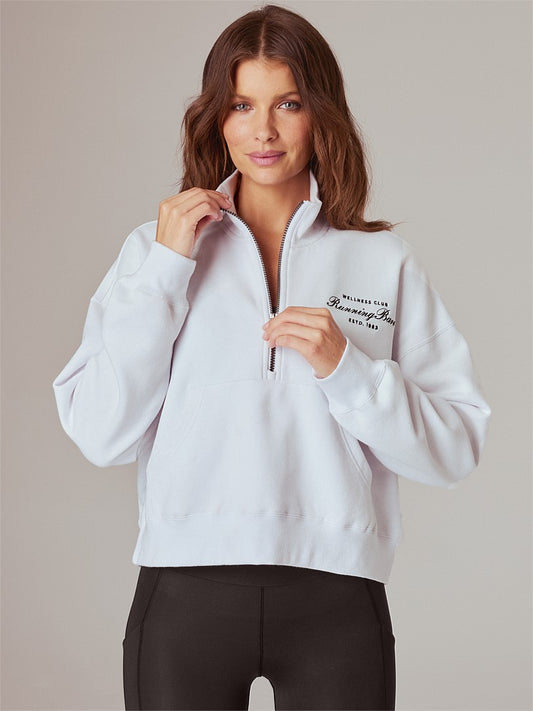RUNNING BARE LEGACY FUNNEL NECK 1/2 ZIP CROP SWEAT WHITE