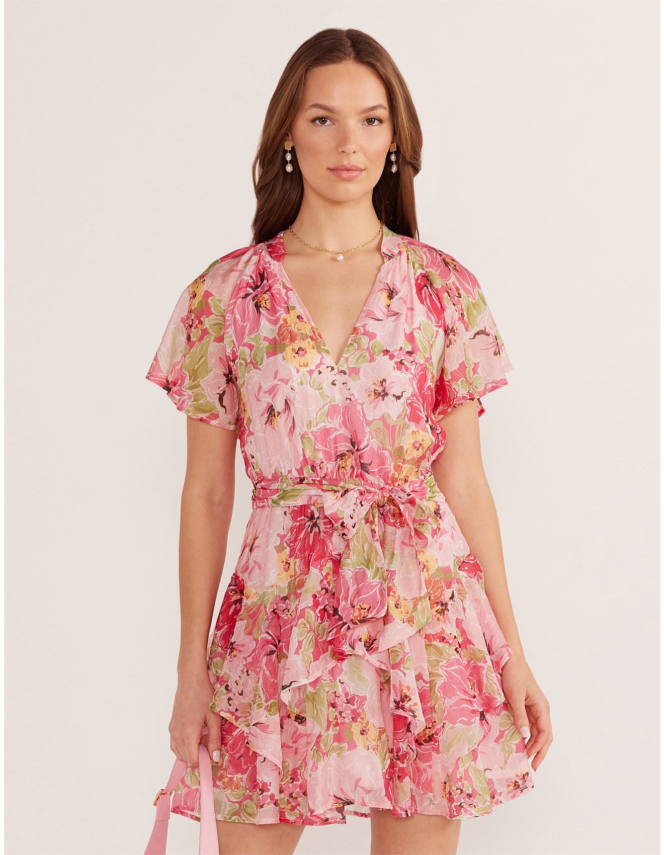 MINK PINK SIMONE FLUTTER MINI DRESS PINK FLORAL