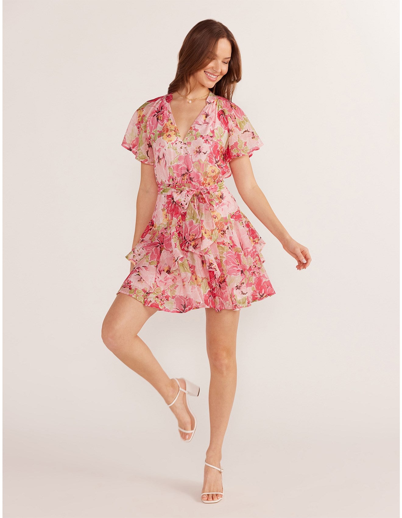 MINK PINK SIMONE FLUTTER MINI DRESS PINK FLORAL